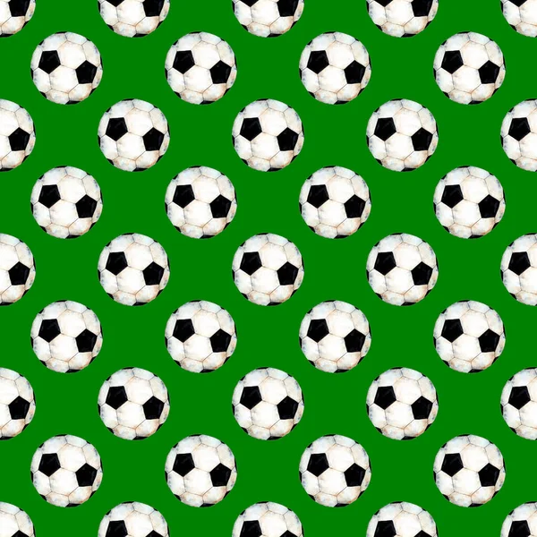 Watercolor illustration of a soccer ball pattern. Sports symbol. Seamless repeating soccer competition print. Isolated on a green background. Drawn by hand.