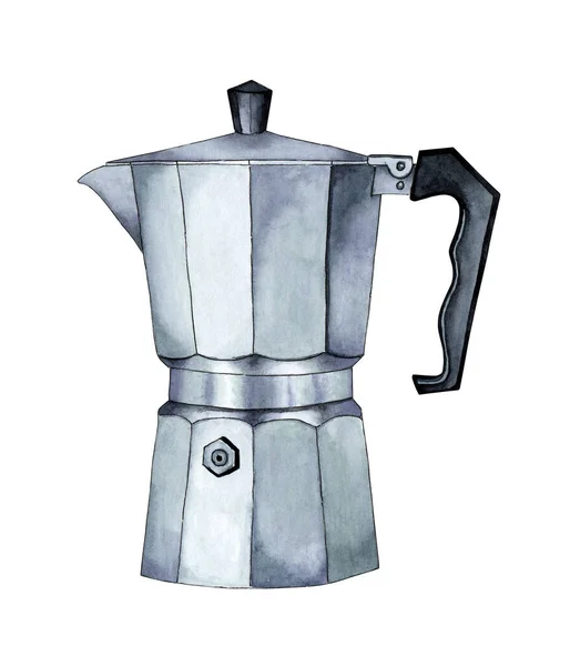 Kahve demliği suluboya resim. Kahve barı ya da kafe logosu. Kahve içeceği sembolü. Kahve makinesi sobası. Sıcak içecekler hazırlanıyor. Gayzer kahve makinesi. Sabah kahvaltısı beyaz arka planda izole. Elle çizilmiş..