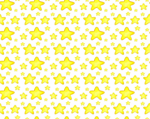 Watercolor illustration of a pattern of celestial bodies. Seamless repeating background with hand drawn stars. Template for a space banner or poster. Elements of cosmonautics. Isolated over white background.