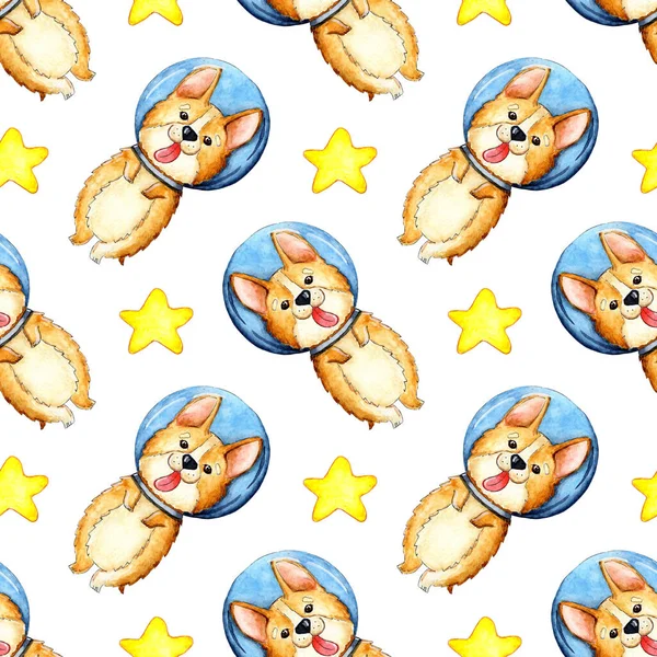 Watercolor Illustration Corgi Pattern Space Stars Seamless Repeating Pattern Astronaut — Stock Photo, Image