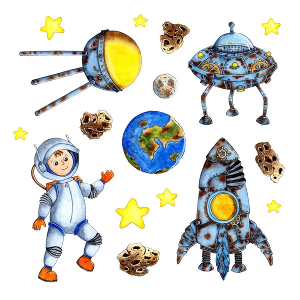 Set of watercolor painting space hand drawn background for kids. Cartoon rocket, satellite, planets, stars, astronaut, comets and UFOs. Space adventures. Isolated over white background. Drawn by hand.
