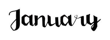 Ocak ayında elle çizilmiş harfler. Kış davetiyesi için mürekkep fırçası harfleri. Takvim için Ocak ayındayız. Pankart, broşür, tebrik kartı ve takvim için el yazısı. Beyaz arkaplanda izole.