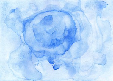 Soyut mavi suluboya arka plan. Parlak mavi el çizimi soyutlama. Sanat kartı veya el ilanı için suluboya desen. Mavi su rengi pankart şablonu. Yıkanabilir boya ve kağıt üzerindeki lekeler.