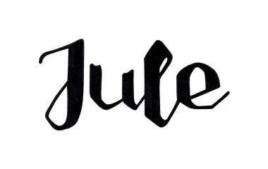 Temmuz 'da elle çizilmiş harfler. Yaz davetiyesi için mürekkep fırçası harfleri. Temmuzda. Pankart, broşür, tebrik kartı ve takvim için el yazısı. Beyazda izole edilmiş.