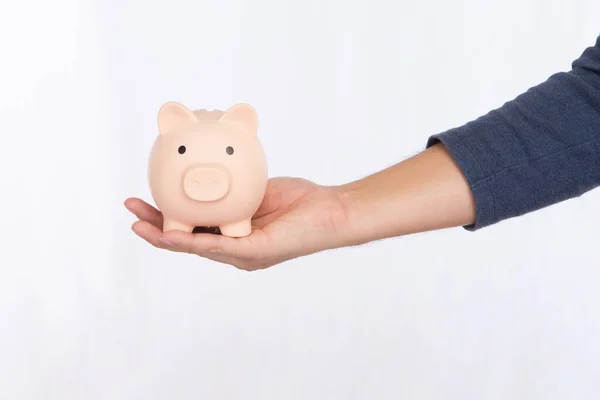 Hand Holding Pink Piggy Bank Isolated White Background — Stock Photo, Image