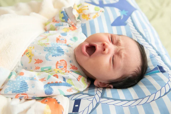 Top View Cute Little Asian Baby Yawning Sleep Bed — Stock Photo, Image