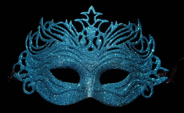 Masque Carnaval Bleu Paillettes Sur Noir — Photo