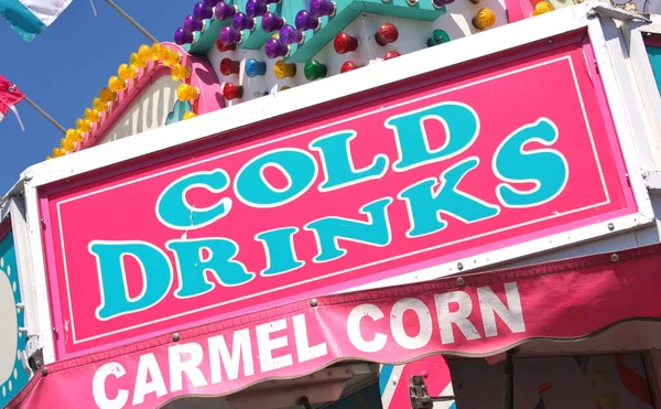 Food Vendor Sign County Fair Cold Drinks Carmel Corn — Stock Photo, Image