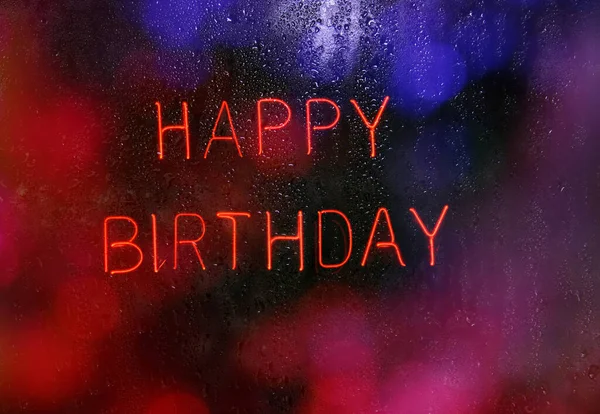 Neon Happy Birthday Sign Wet Window — Zdjęcie stockowe