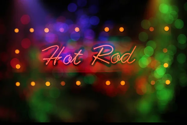 Neon Hot Rod Accedi Finestra Bagnata Con Auto Vintage Hot — Foto Stock