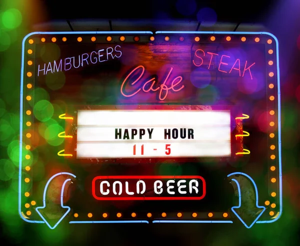 Photo Composite Neon Sign Happy Hour Cold Beer Cafe — Stock Photo, Image