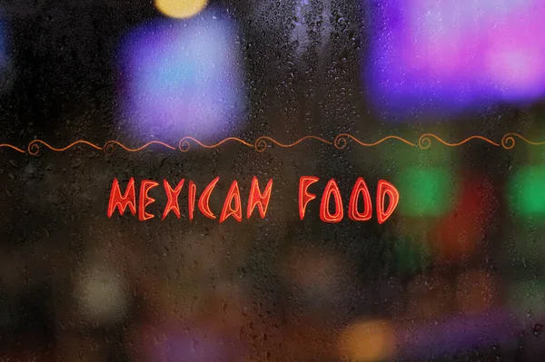 Vintage Neon Sign Wet Window Mexican Food — Stock Photo, Image