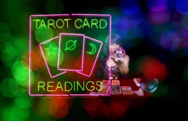 Tarot Card Readings Sign with Psychic Card Reader in background