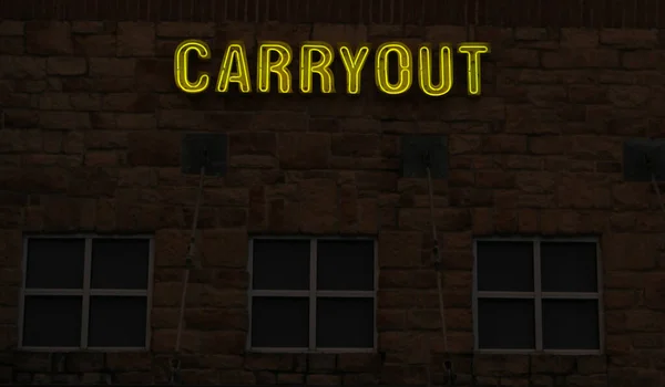 Vintage Neon Carryout Sign Brick Building — Stockfoto