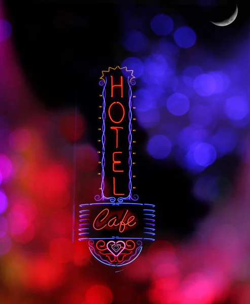 Neon Hotel Cafe Znak Fotograficzny Kompozyt Księżyca — Zdjęcie stockowe