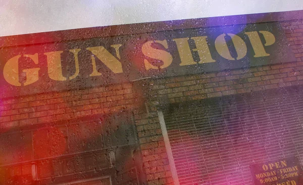 Gun Store Teckna Regnig Dag — Stockfoto