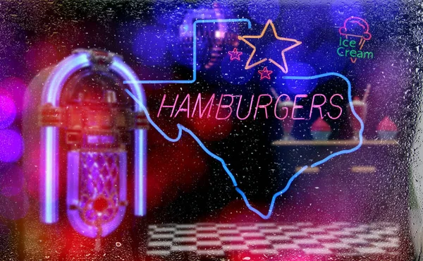 Неоновая Фотография Техасские Гамбургеры Мороженое Музыкальным Автоматом — стоковое фото