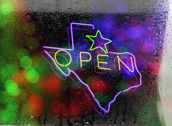 Neon Open Sign State Texas Beokeh — Stock Photo, Image