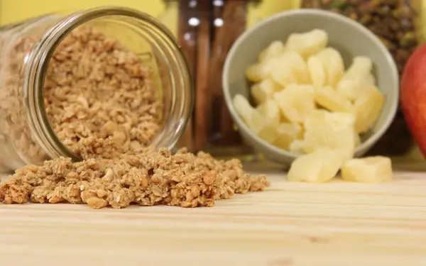 Organic Honey Granola Dried Pineapple Apples Rustic Kitchen — Stock Photo, Image