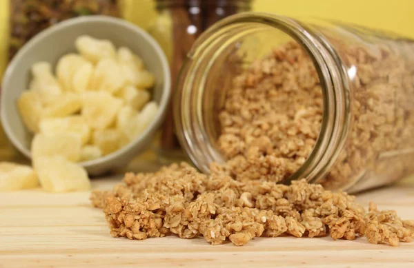 Organic Honey Granola Dried Pineapple Apples Rustic Kitchen — Stock Photo, Image