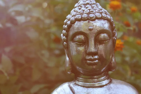 Estatua Buda Jardín Con Plantas Verdes Fondo — Foto de Stock