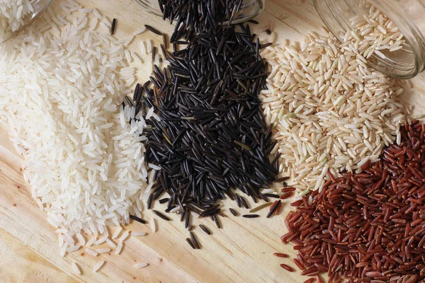 Jasmine Rice Black Wild Rice Brown Rice Himalayan Red Brown — Stock Photo, Image