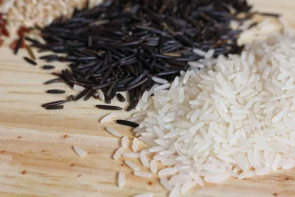 Jasmine Rice Black Wild Rice Wooden Table — Stock Photo, Image