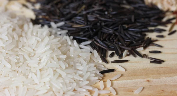 Jasmine Rice Black Wild Rice Wooden Table — Stock Photo, Image