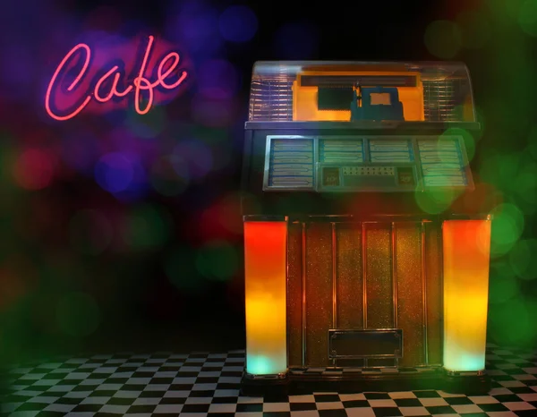 Jukebox Bar Con Disco Ball Bokeh Immagine Composita — Foto Stock