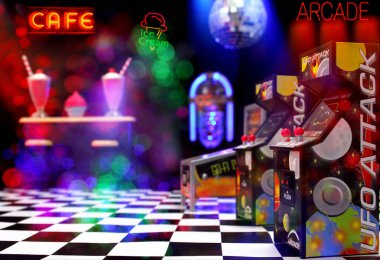 Minyatür Arcade Oyunları Mıknatısı Minyatür Müzik Kutusu ve Neon İşaretleri Fotoğrafı