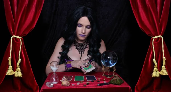 Psychic Crystal Ball Tarot Cards Red Velvet Curtain — стокове фото