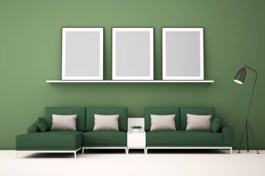 Oturma odası için duvarında resim çerçevesi olan 3D iç tasarım