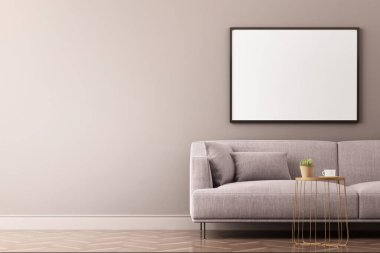 Beyaz duvarda resim çerçevesi olan oturma odası için 3D tasarım