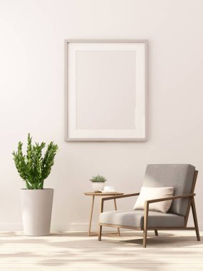 Beyaz duvarda resim çerçevesi olan oturma odası için 3D tasarım