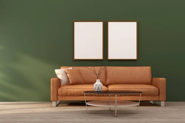 Yeşil duvardaki oturma odası için 3D tasarım