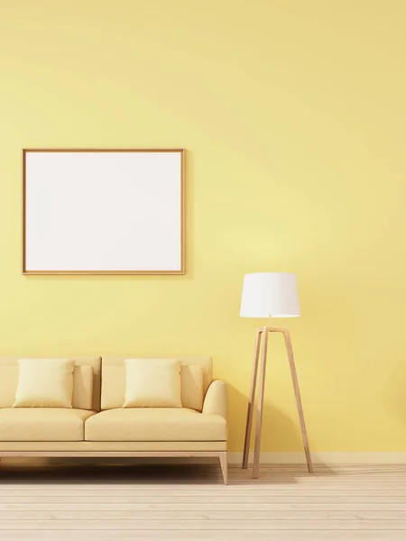 Rendering Von Mock Innenarchitektur Für Wohnzimmer Mit Bilderrahmen Gelber Wand Stockbild