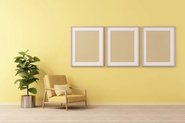 Rendering Von Mock Innenarchitektur Für Wohnzimmer Mit Bilderrahmen Gelber Wand lizenzfreie Stockbilder