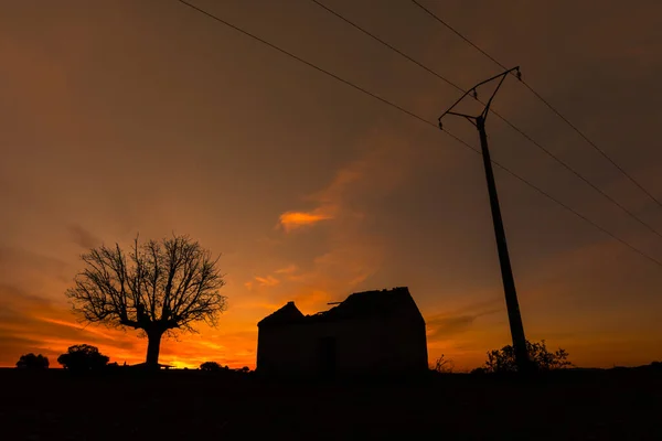 silhouette landscape of an old house next to a lonely tree with a sunset in the background
