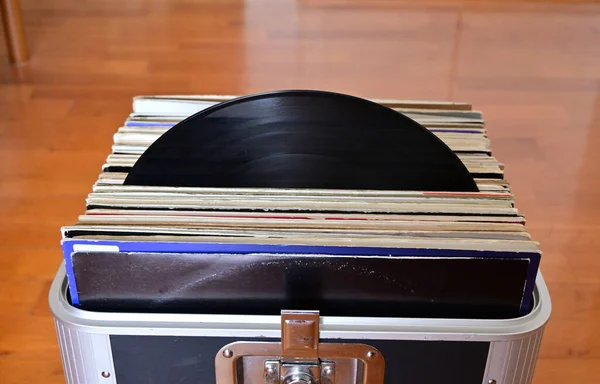 Front View Record Case Full Records Retro Concept — Stock Photo, Image