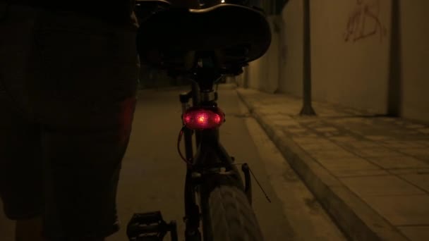 Footage Shows Woman Holding Her Bike Walking Road Nightime Shot — Stock Video