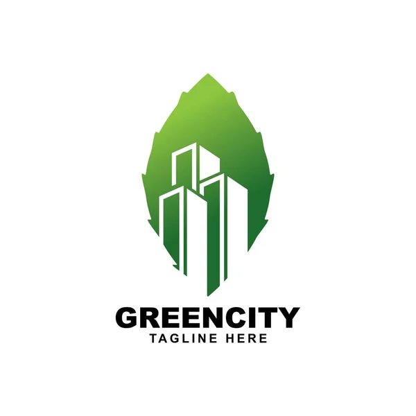 Yaprak Sembollü Bina Logo Tasarım Vektör Şablonu Yeşil Şehir Illüstrasyonu — Stok Vektör