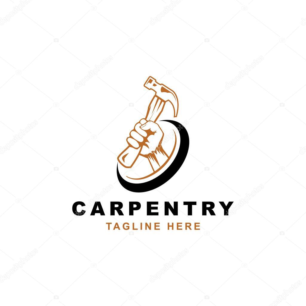 Carpentry symbol logo design vector template.Hand with hammer icon