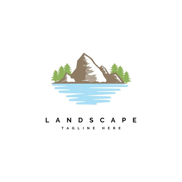 Modèle Vectoriel Conception Logo Illustration Paysage Montagne Avec Symbole Lac — Image vectorielle