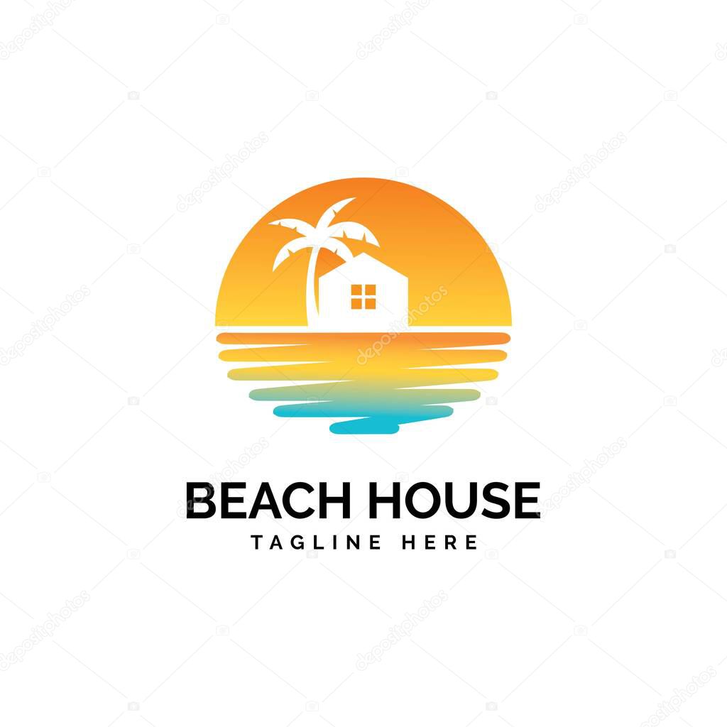 House and beach illustration logo design vector template