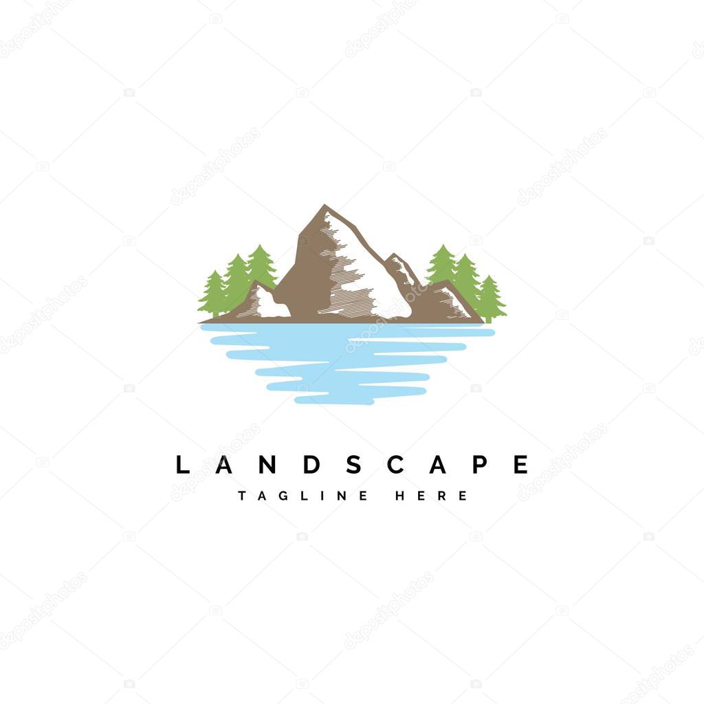 Landscape illustration logo design vector template.Mountain with lake symbol