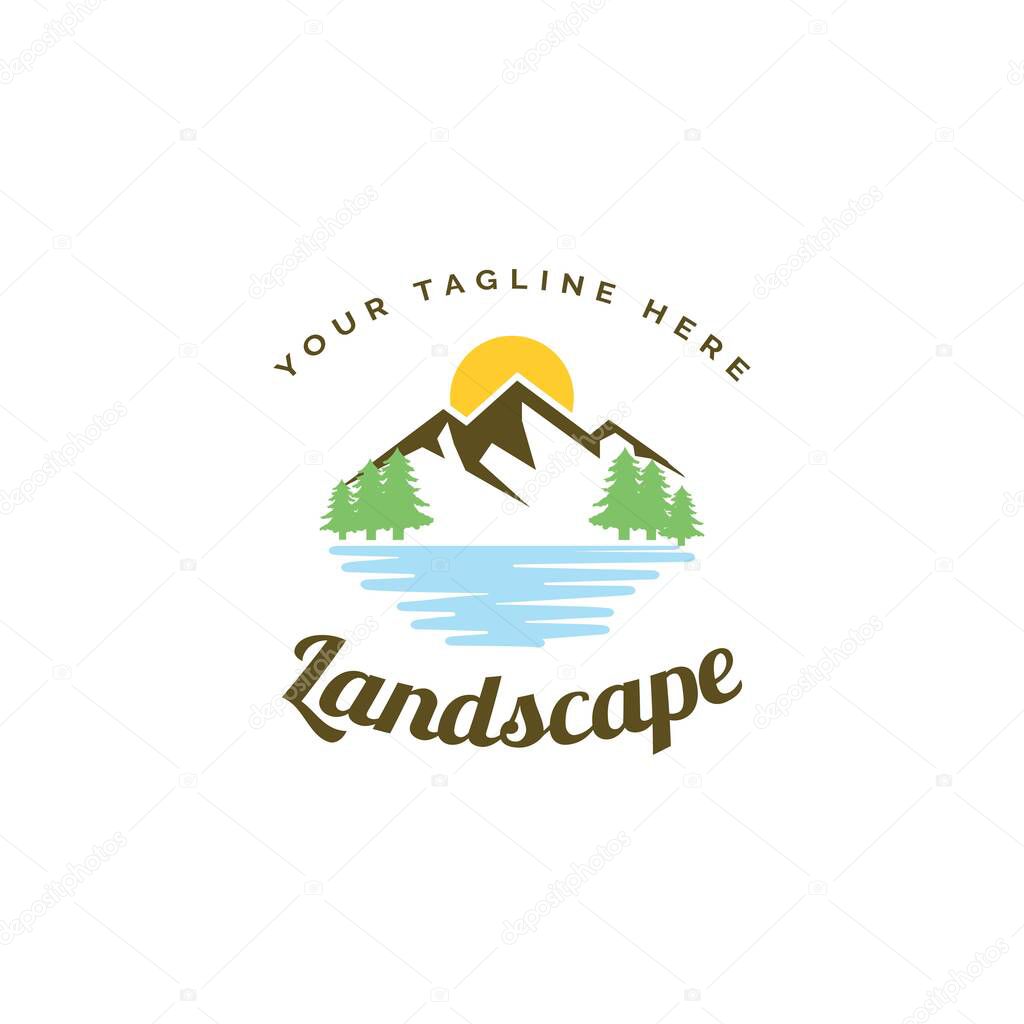 Landscape illustration logo design vector template.Mountain with lake symbol