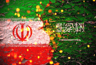 Grunge Iran vs Suudi Arabistan ulusal bayrak deseni. Kırık duvar arka planında izole edilmiş, soyut uluslararası siyasi ilişki. Dostluk..