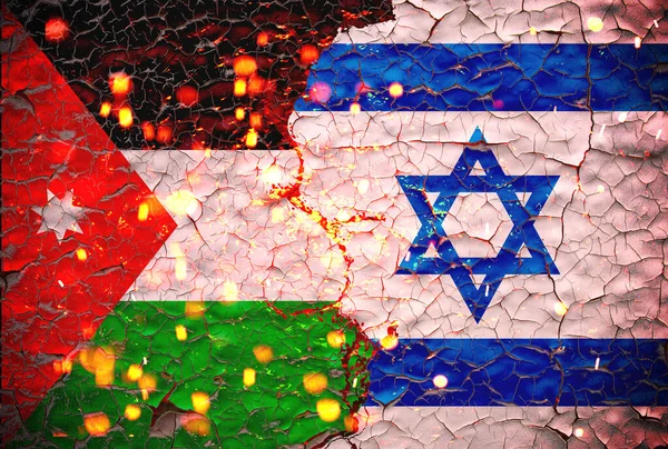 Grunge Israel, Jordan ulusal bayrağına karşı. Kırık duvar arka planında izole edilmiş, soyut uluslararası siyasi ilişki. Anlaşmazlıklar konsept duvar kağıdı ile bölündü..