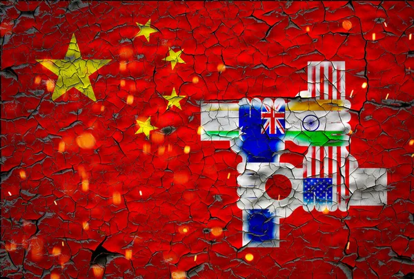 オーストラリア インドクワッド国は中国国旗を掲げています 中国株式イラストに対するクワッド諸国の友好 — ストック写真