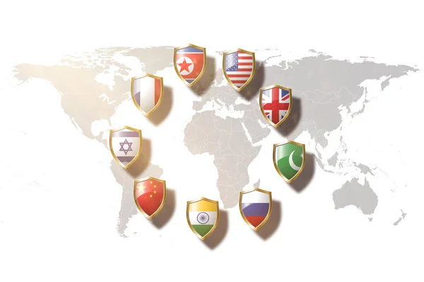 Nükleer enerji ülkeleri dünya haritasının arka planında altın kalkanda bayrak sallıyor.